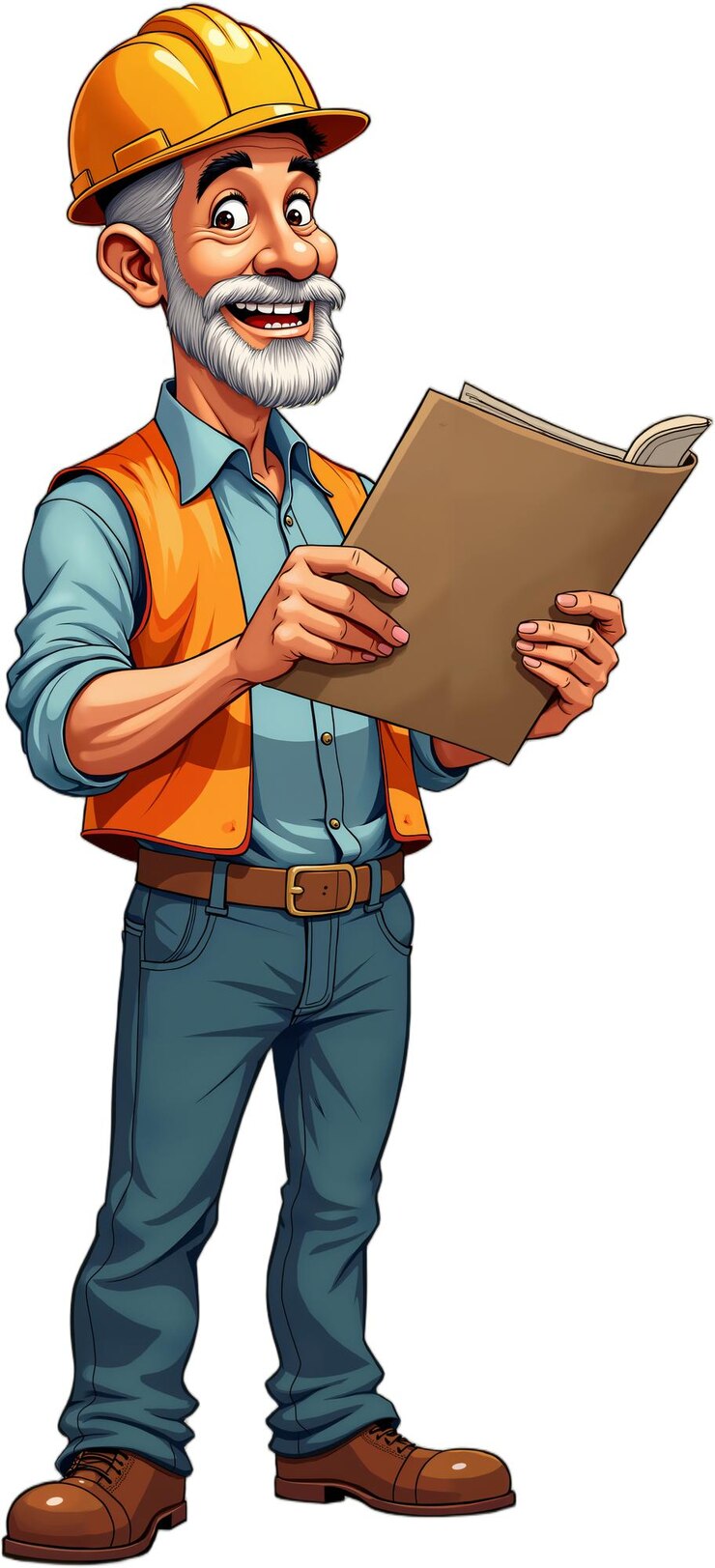 PSD personagem de desenho animado de um trabalhador da construção usando um capacete e um colete de alta visibilidade segurando um caderno com um sorriso no rosto isolado em fundo transparente
