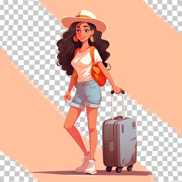 PSD personagem de desenho animado de uma jovem viajante isolada em fundo transparente durante as férias de verão