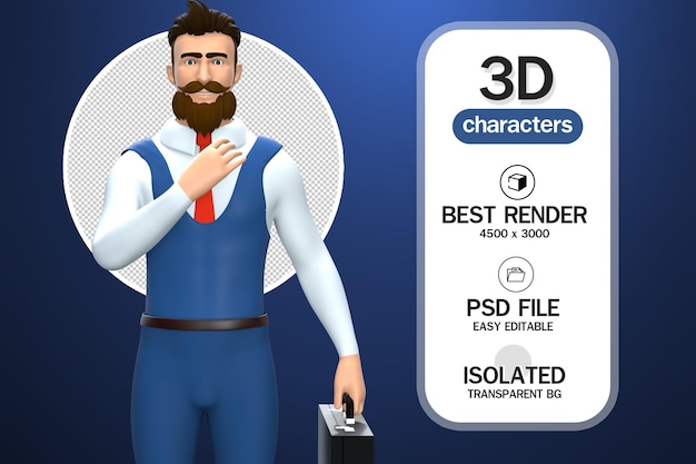 Personagem de desenho animado do empresário de renderização em 3d em pé e segurando a maleta isolada com fundo