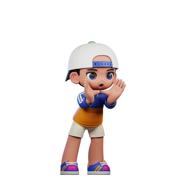 Personagem de desenho animado em 3D com camisa azul e chapéu branco gritando