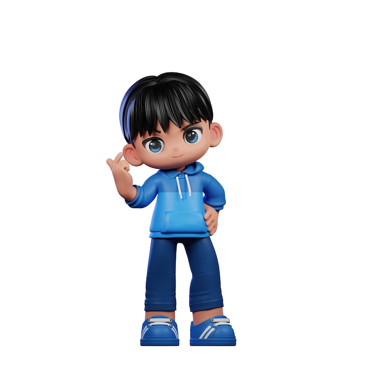 PSD personagem de desenho animado em 3d com uma camisa azul e calças azuis dando postura de sinal de amor