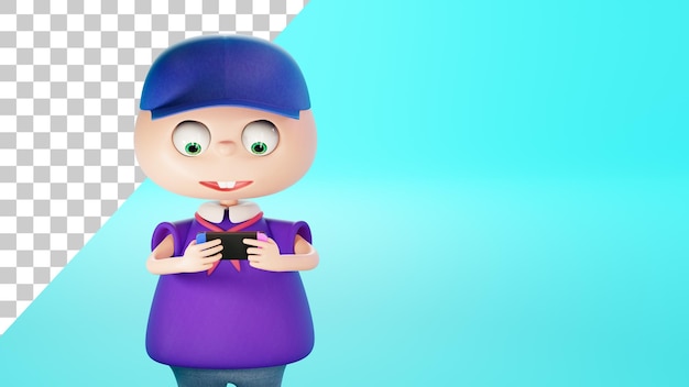 Personagem de desenho animado está jogando um console portátil Garoto joga um videogame 3d render