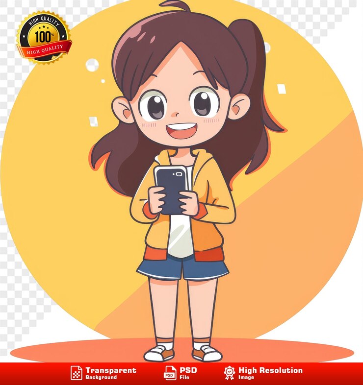 PSD personagem de desenho animado feliz vendendo telefone em estilo alegre