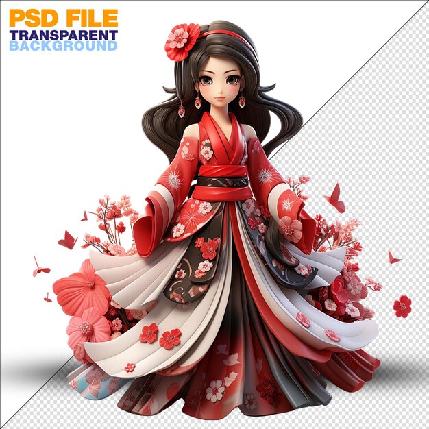 PSD personagem de desenho animado japonês geisha 3d em fundo transparente