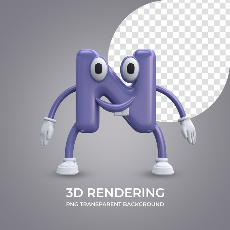 PSD personagem de desenho animado letra n 3d renderizando fundo transparente isolado