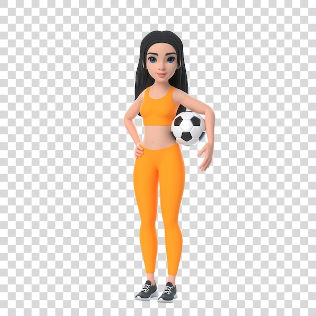 Personagem de desenho animado mulher em roupas esportivas segurando uma bola de futebol isolada em fundo branco renderização 3D