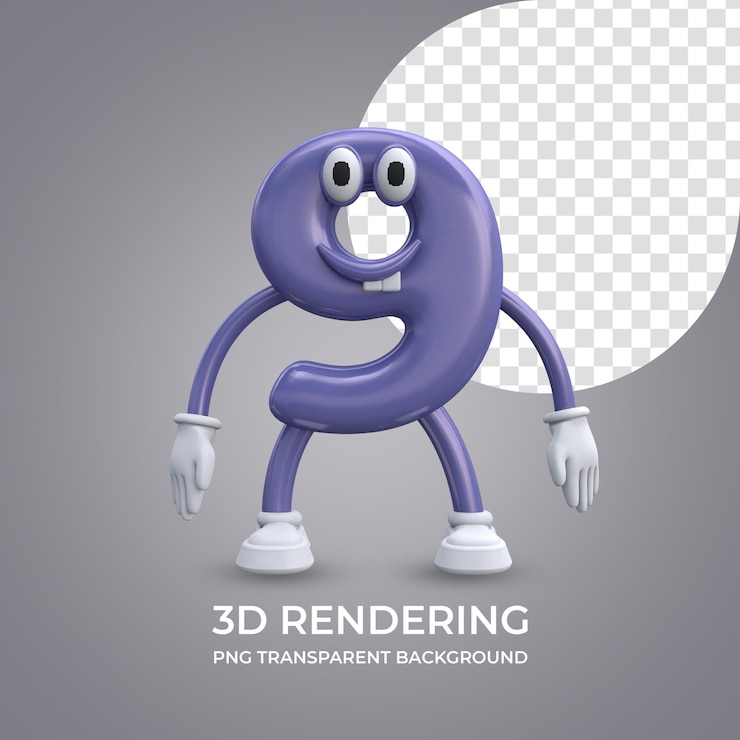 PSD personagem de desenho animado número 9 renderização 3d isolado fundo transparente