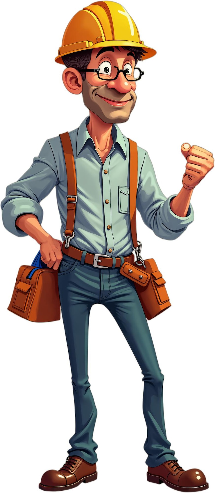 PSD personagem de desenho animado vestido como um trabalhador da construção usando um chapéu e segurando ferramentas de pé com confiança com uma mão no quadril isolado em fundo transparente