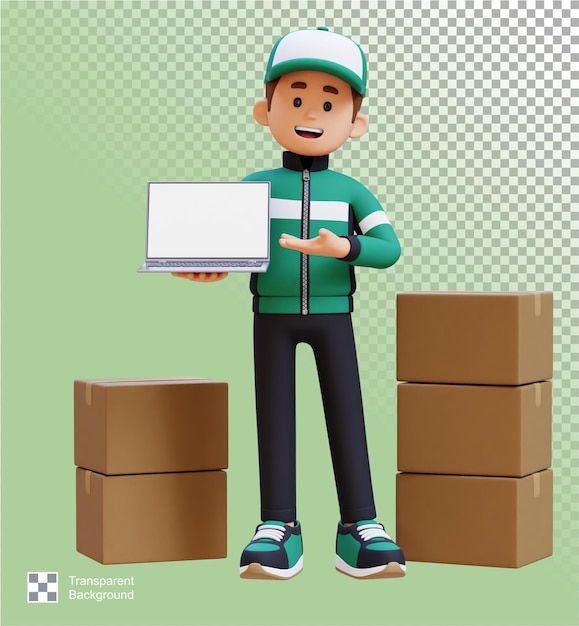 Personagem de entregador 3D apresentando na tela de laptop vazia com caixa de encomendas