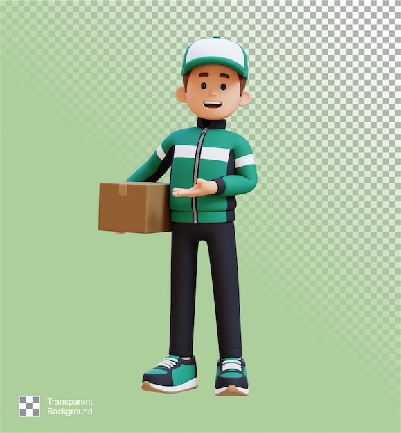 Personagem de entregador 3D apresentando-se na pose certa com caixa de encomendas