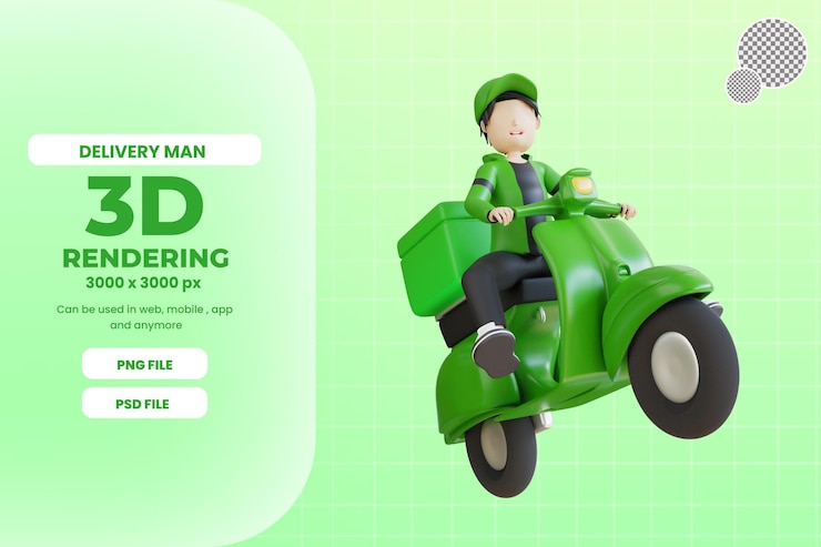 PSD personagem de entregador 3d com psd premium de scooter