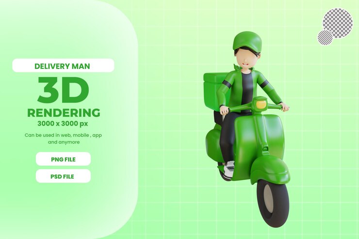 PSD personagem de entregador 3d com psd premium de scooter