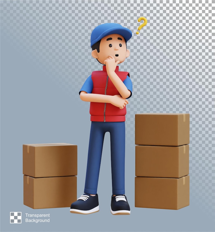 PSD personagem de entregador 3d confuso e pensando em pose com caixa de encomendas