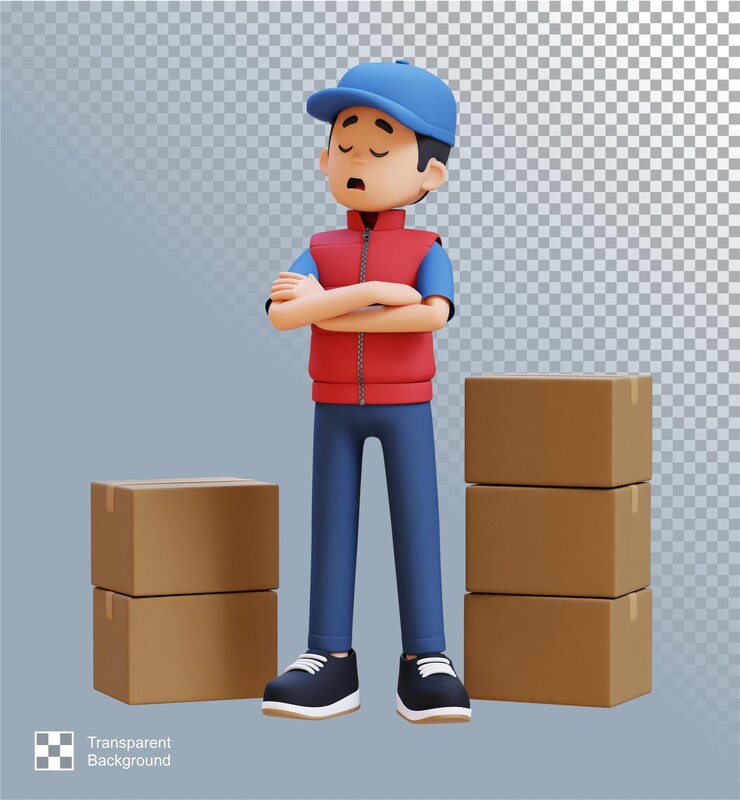 PSD personagem de entregador 3d em pose de negação ou insatisfação com caixa de encomendas