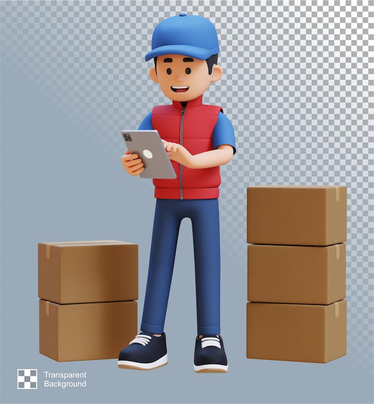 PSD personagem de entregador 3d trabalhando em tablet com caixa de encomendas