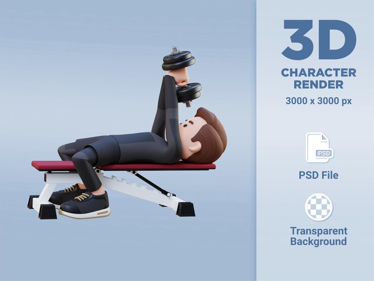 PSD personagem de esportista 3d fortalecendo as costas e o peito com o exercício pulôver com halteres