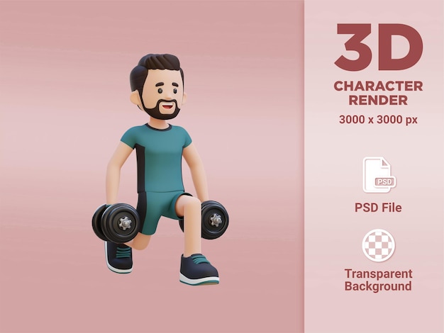 PSD personagem de esportista 3d realizando agachamento com halteres à esquerda