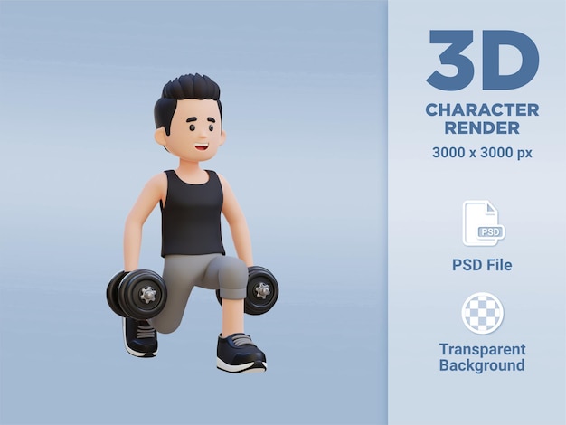 PSD personagem de esportista 3d realizando agachamento com halteres à esquerda