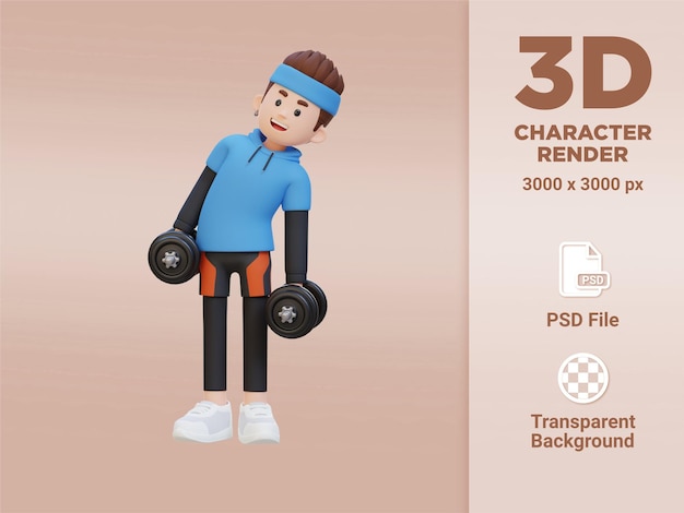 PSD personagem de esportista 3d realizando flexão lateral com halteres