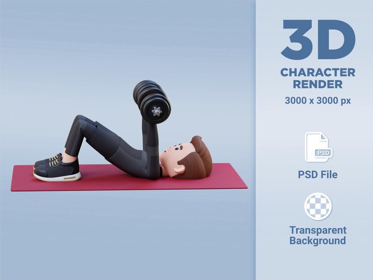 PSD personagem de esportista 3d realizando halteres em declínio no solo