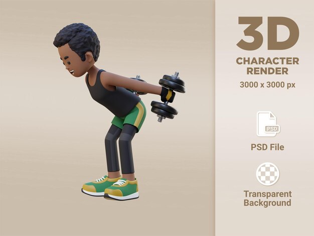 PSD personagem de esportista 3d realizando kickbacks com halteres