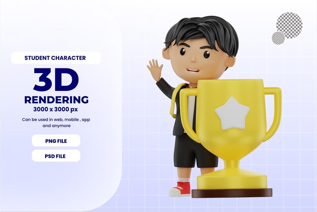 Personagem de estudante bonito 3d traz um troféu