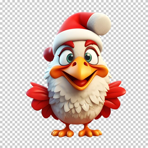 Personagem de frango fofo vestindo chapéu de papai noel com fundo transparente