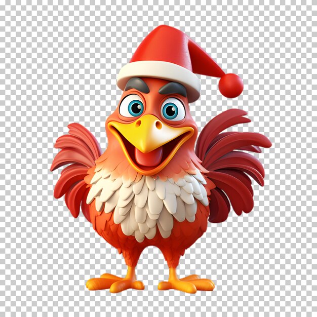 PSD personagem de frango fofo vestindo chapéu de papai noel com fundo transparente