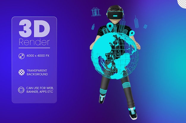 Personagem de homem com globo na ilustração 3d do metaverso do dispositivo de realidade virtual