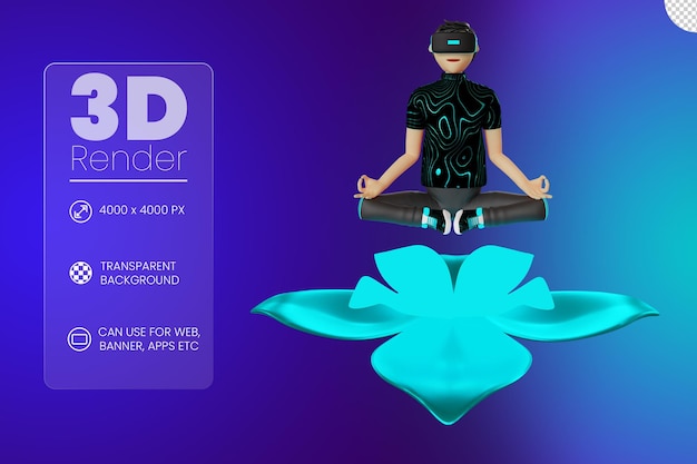 Personagem de homem fazendo ioga na ilustração 3d do metaverso do dispositivo de realidade virtual