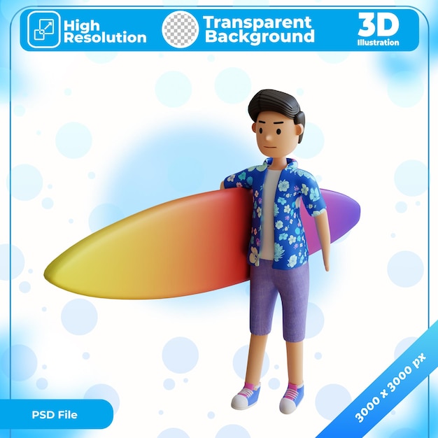 Personagem de ilustração 3d carregando uma prancha de surf