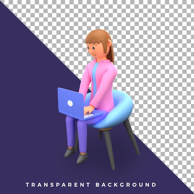 PSD personagem de ilustração 3d linda garota feminina trabalhando usando laptop isolado de alta qualidade