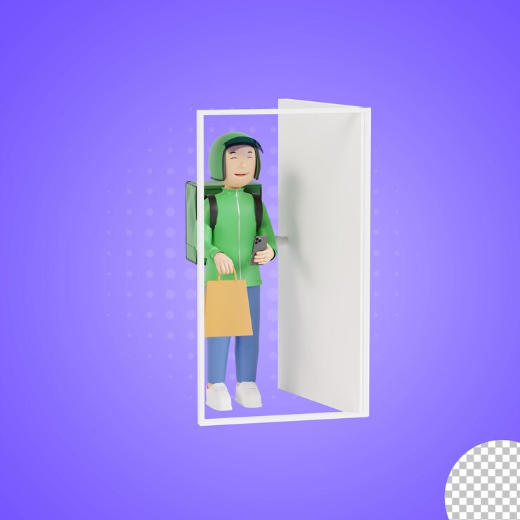 PSD personagem de ilustração 3d masculino em uniforme de entrega segurando pacote na porta aberta expresso