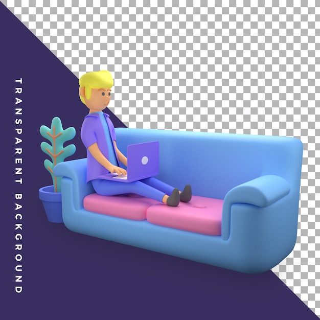 Personagem de ilustração 3D masculino trabalhando com laptop