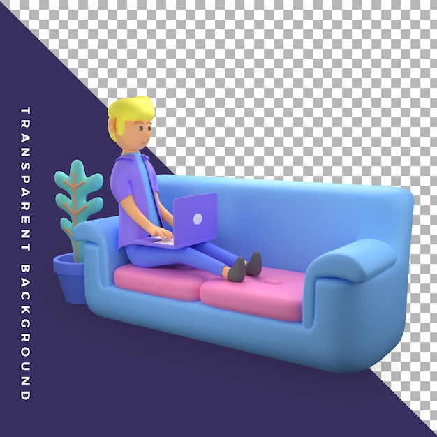 Personagem de ilustração 3d masculino trabalhando com laptop