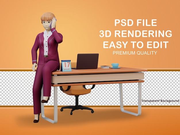 Personagem de ilustração 3D mostra uma mulher no telefone sentada no final da mesa do escritório