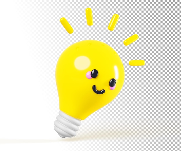 Personagem de lâmpada Kawaii com rosto feliz e sorriso ícone de renderização 3D desenho animado engraçado lâmpada brilhante isolada em branco em fundo mascote bonito emoji amarelo com ideia criativa ilustração 3D