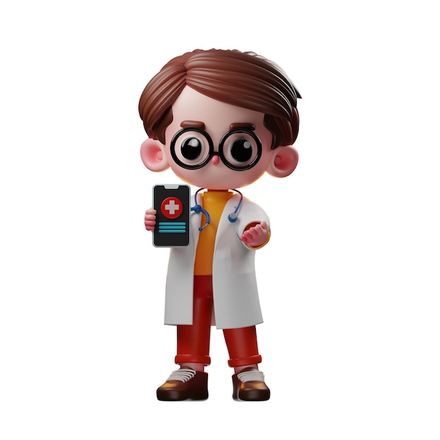 Personagem de médico 3d masculino mostrando um aplicativo médico