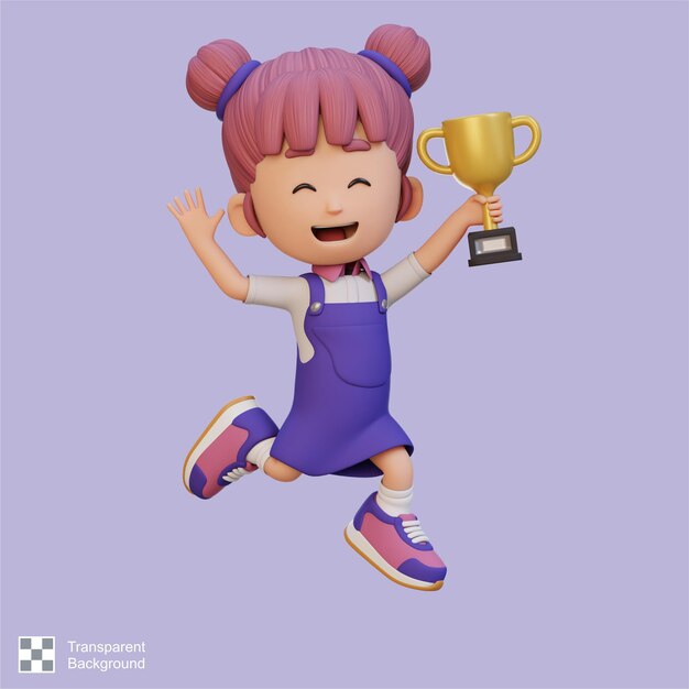 PSD personagem de menina 3d comemorando a vitória segurando um troféu