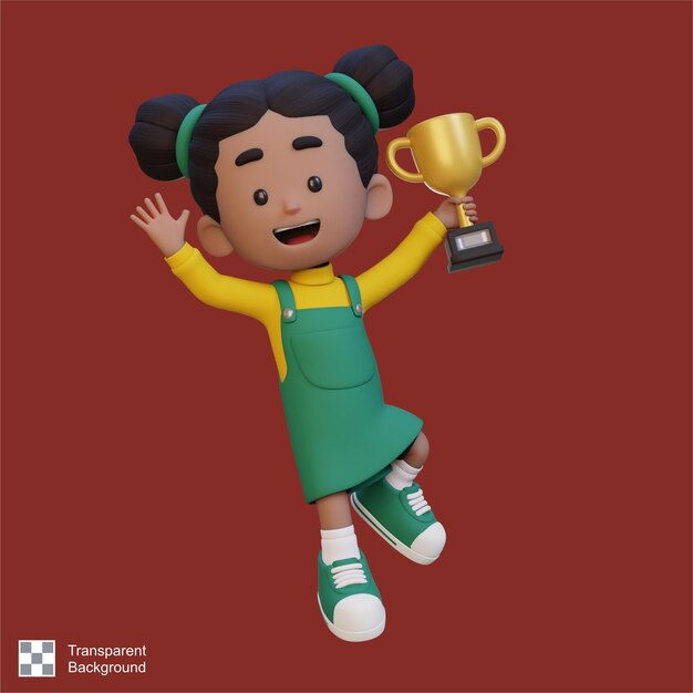 Personagem de menina 3d comemorando a vitória segurando um troféu