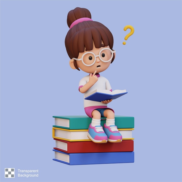 Personagem de menina 3D ficar confuso ao ler um livro