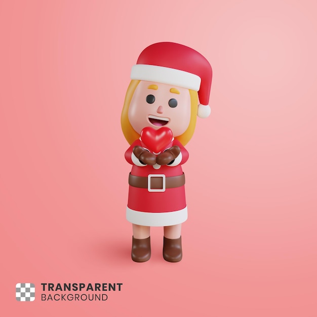 Personagem de menina 3d papai noel com um sinal de coração na mão