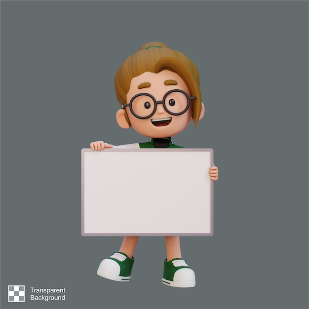 PSD personagem de menina 3d segurando um cartaz em branco