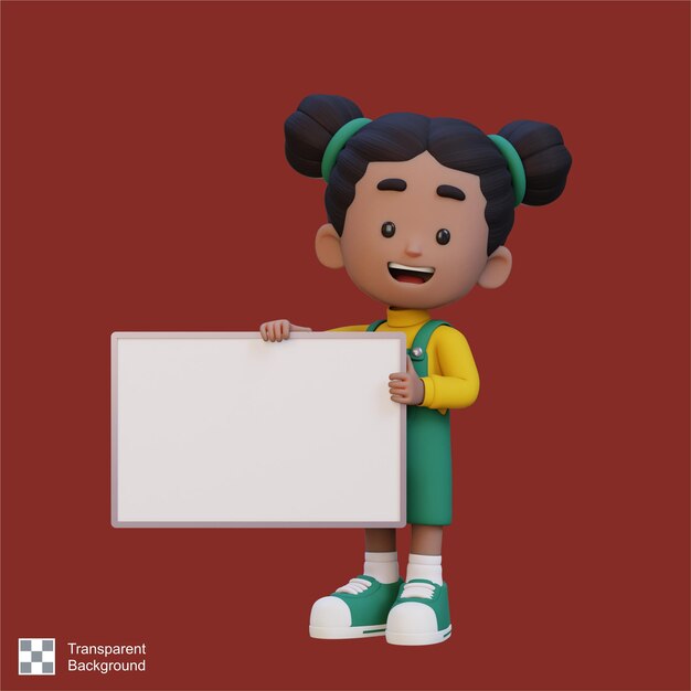 Personagem de menina 3d segurando um cartaz em branco