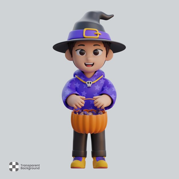 PSD personagem de menino em fantasia de feiticeiro com cesta de doces celebração de festa de halloween ilustração 3d