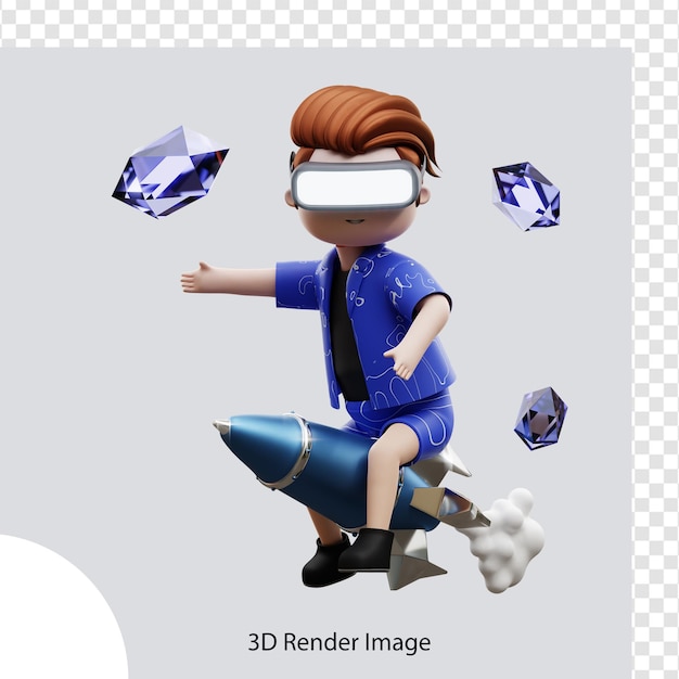 Personagem de metaverso de ilustração 3D montando um foguete, para web, app, infográfico, app