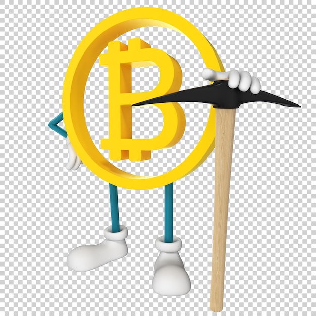 Personagem de mineração de bitcoin com renderização em 3d de picareta