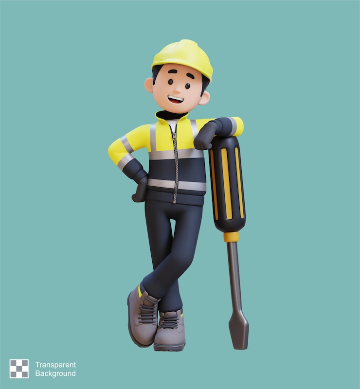 PSD personagem de trabalhador da construção 3d deitado em uma chave de fenda grande