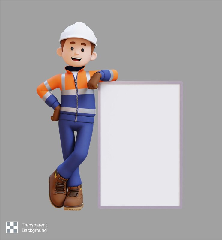 PSD personagem de trabalhador da construção em 3d deitado em um cartaz em branco