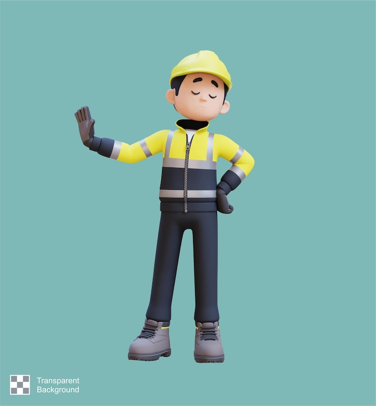 PSD personagem de trabalhador da construção em 3d em postura de recusa de parada